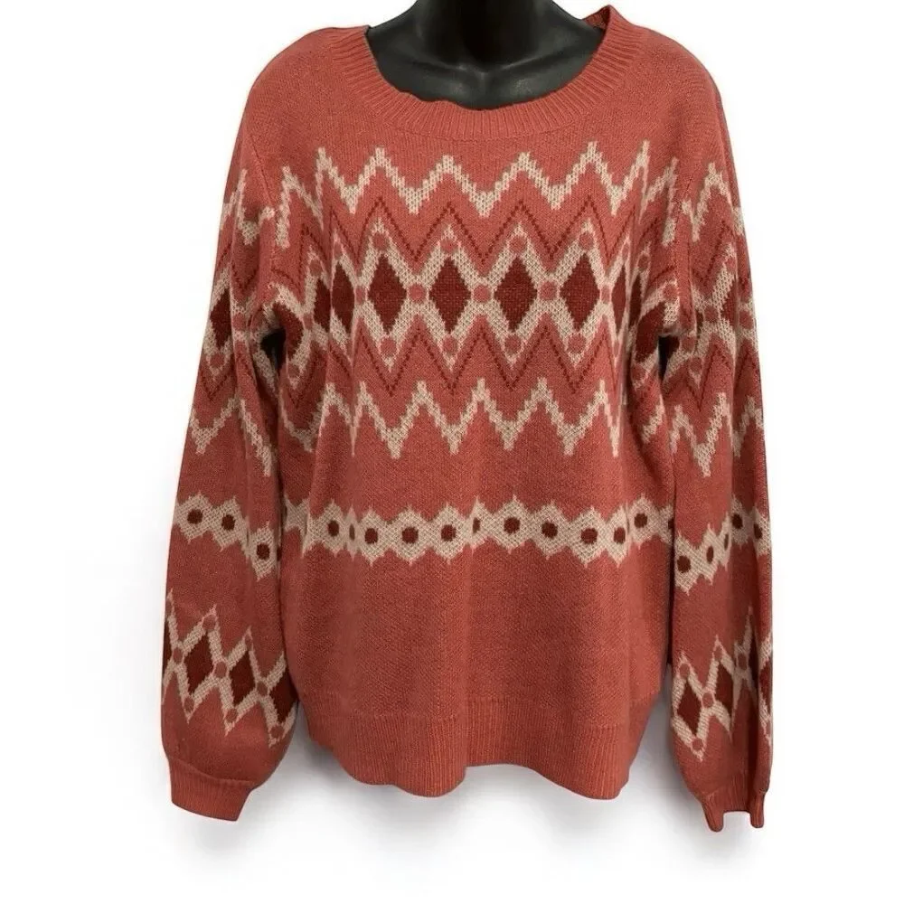 Savanna Jane Fair Isle Knit Sweater Sz 1X Balloon sleeve Pink Mauve Relaxed